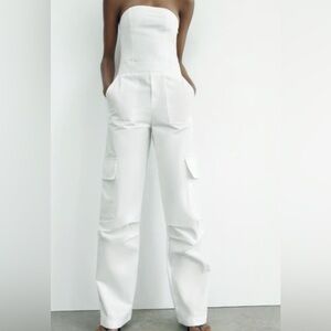 Women Zara strapless cargo jumpsuit in white